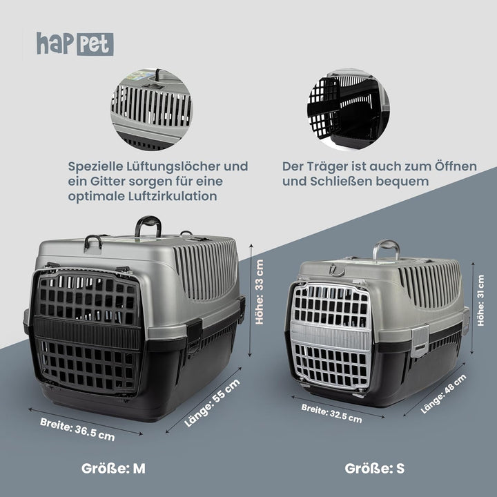 HAPPET Tiertransportbox Polly M Grau & Schwarz 55x36,5x33 cm – Robuste, gut belüftete Transportbox a