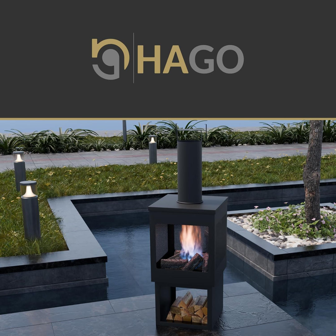 HAGO24 | Gartenkamin | Terrassenofen | Gartenofen | Stahl | Schwarz | Schürhaken | Eckig | Outdoor |