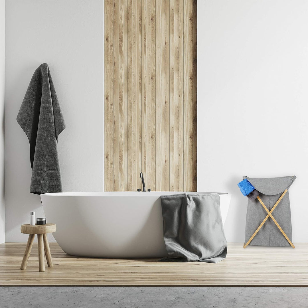 Relaxdays Wäschekorb, klappbarer Wäschesammler mit Deckel, 58 L, tragbar, Bambus & Stoff, 62,5 x 43