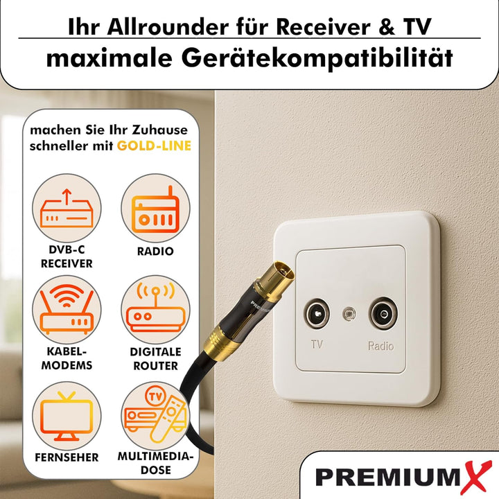Premium X 25m Gold-Line TV Antennenkabel Schwarz IEC-Anschlusskabel Koax Stecker - Kupplung Koaxialk