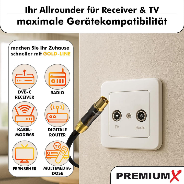 Premium X 15m Gold-Line TV Antennenkabel Schwarz IEC-Anschlusskabel Koax Stecker - Kupplung Koaxialk
