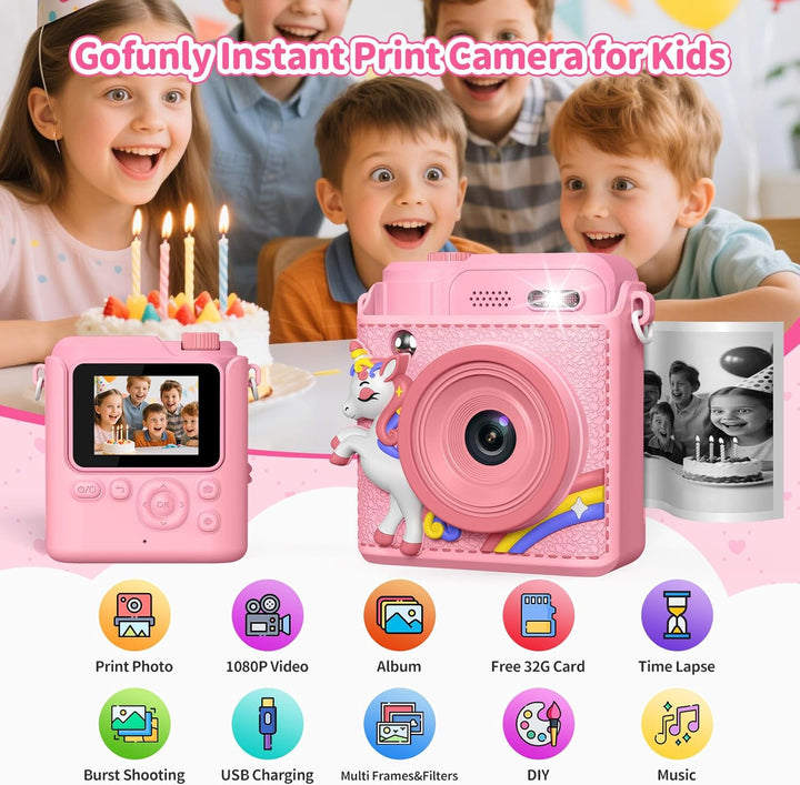 Gofunly Sofortbildkamera Kinder, 1080P HD Kinderkamera Sofortbildkamera mit 32GB Karte & DruckerPapi