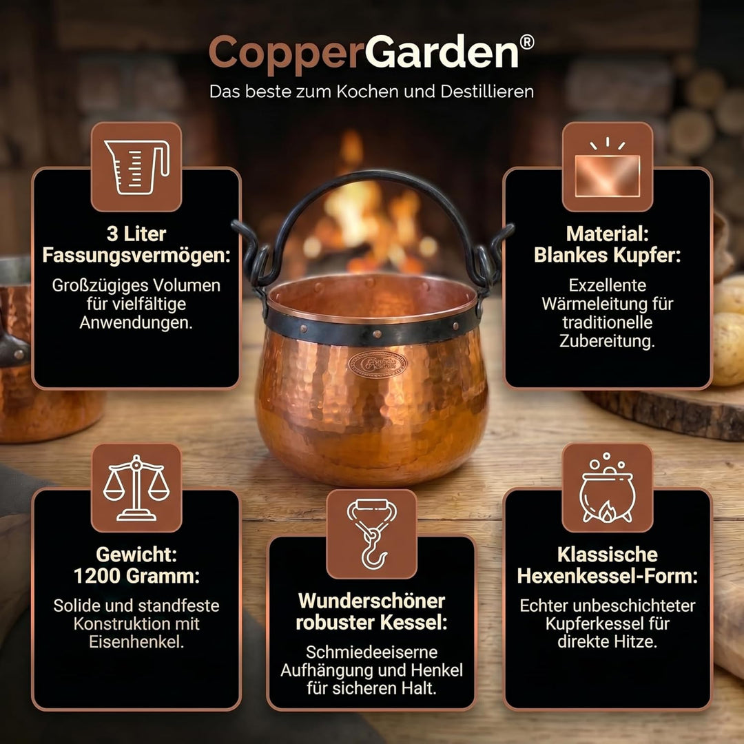 CopperGarden Kupferkessel 3 L mit Henkel I Robuster Kessel aus blankem Kupfer: Ideale Wärmeleitung &
