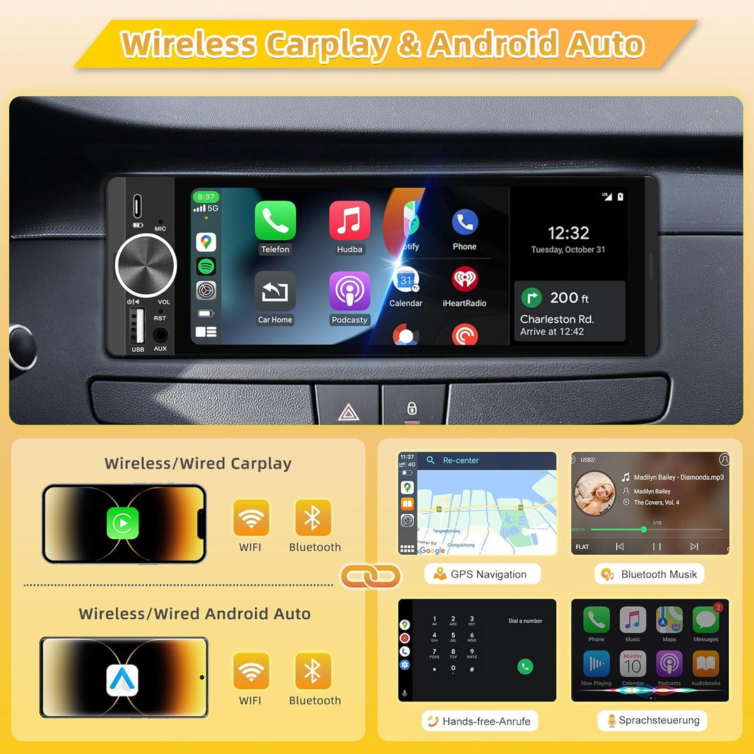 Autoradio mit Bildschirm, Single-DIN, Kabelloses CarPlay und Android Auto, 6,28-Zoll-Touchscreen mit