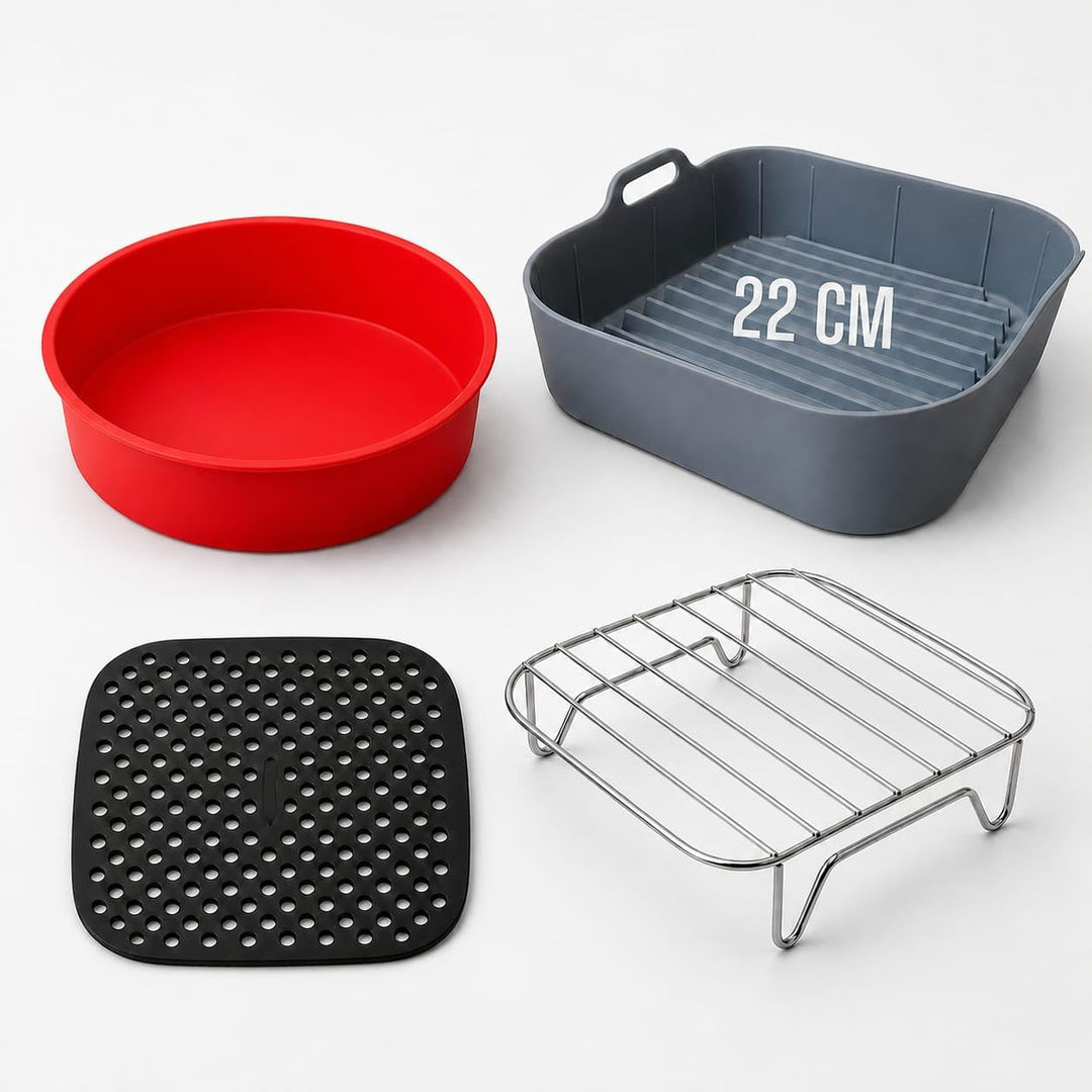 Airfryer zubehör: Silikonform 22 cm, Kuchenform 21,5 cm, Gitter für Heissluftfritteuse, und Silikonm