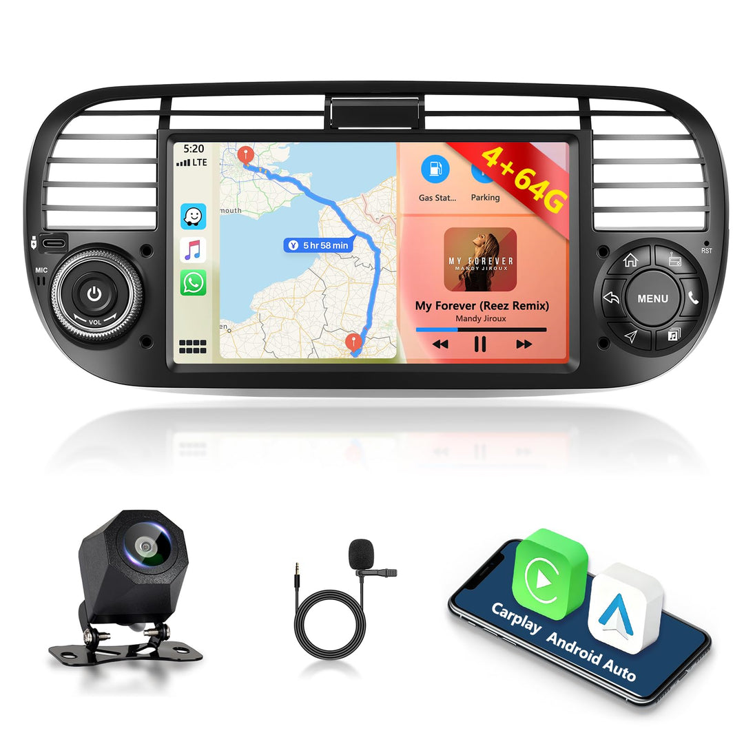 4GB+64GB Autoradio für FIAT 500 2007-2015 mit Wireless Carplay/Android Auto, 7 Zoll Car Stereo mit G