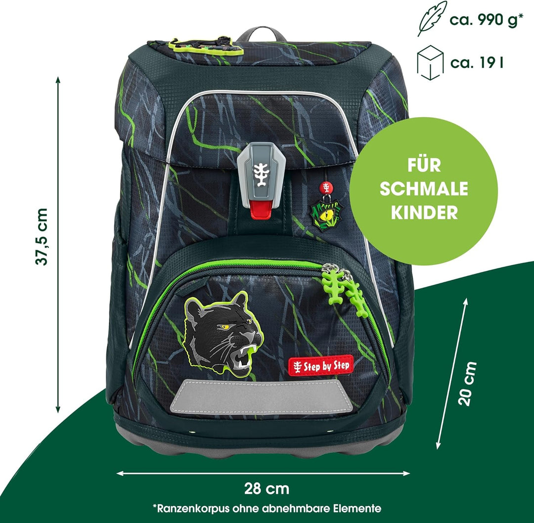 Step by Step Schulranzen-Set FIT „Danger Cat Chiko“ 5-teilig, grau-grün, Panther-Design, ergonomisch