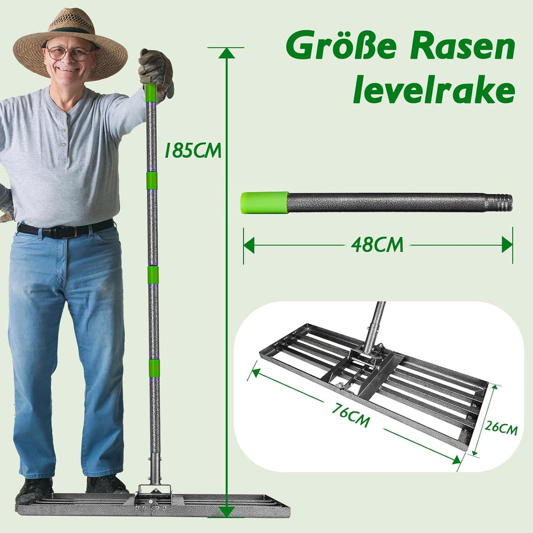 Rasen Nivellierungsrechen,76x25cm Rasenrechen,185 cm Verstellbarer Stiel,Rasen nivellierrechen Geeig