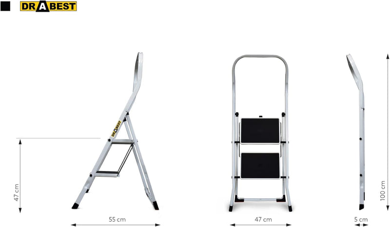 DRABEST Leiter PRO Serie Klappbare Stufenleiter Tritthocker 2 Stufen Stahlleiter Zusammenklappbar Be