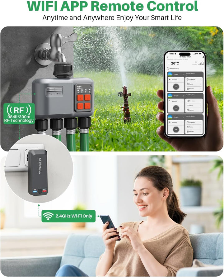 Bewässerungscomputer WLAN 4 Ausgänge mit 300M RF-Technologie, Bewässerungsuhr für Gartenbewässerung