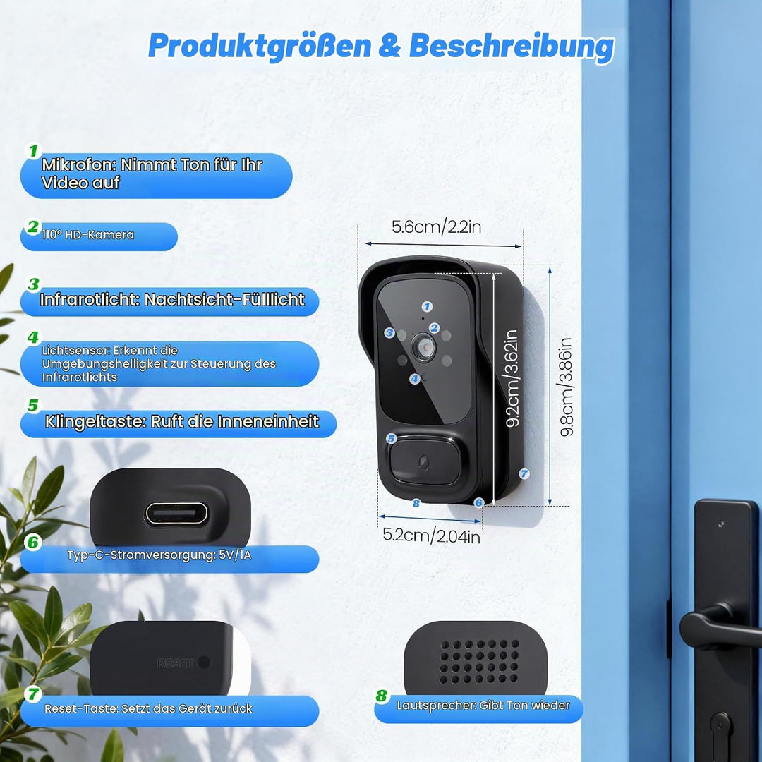 Kabellose Türklingel mit Kamera, wasserdicht, Video-Türklingel, kabellos, 1080P HD IPS 4,3 Zoll, bid