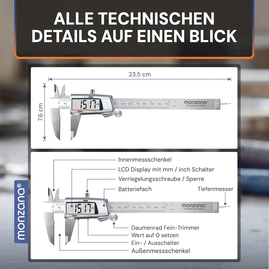 MONZANA® Messschieber Digital Edelstahl 150mm LCD Display Aufbewahrungsbox Ersatzbatterie Schieblehr