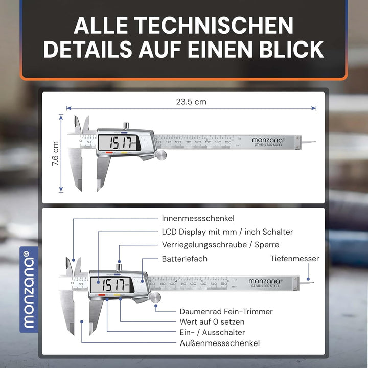 MONZANA® Messschieber Digital Edelstahl 150mm LCD Display Aufbewahrungsbox Ersatzbatterie Schieblehr