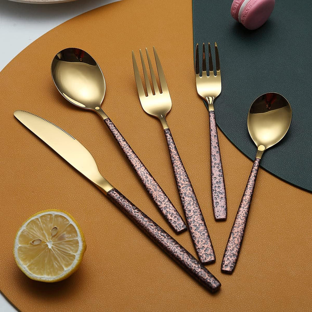 Berglander Besteck Set 30 Stück mit Mondoberfläche Griff und glänzendem Goldmund Titanbeschichtung,