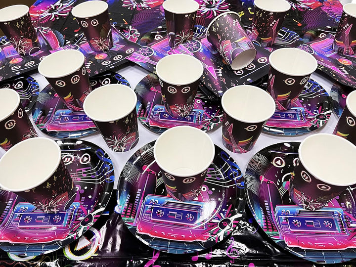 61Stk Party-Set Disco für Kindergeburtstag mit Teller + Becher + Servietten +Tischtücher Deko Disco