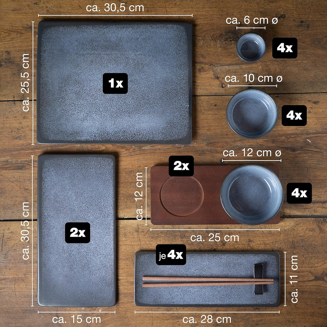 Moritz & Moritz Sushi Geschirr Set für 4 Personen - 29 Teile - Sushi Servierset mit 3X Sushi-Platte
