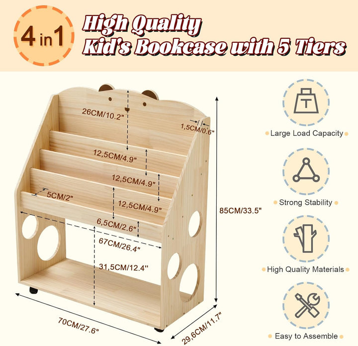 Kinder Bücherregal Montessori mit Rollen & Tafel, 5-stöckiges Kinderregal Kinderbücherregal Kinderzi