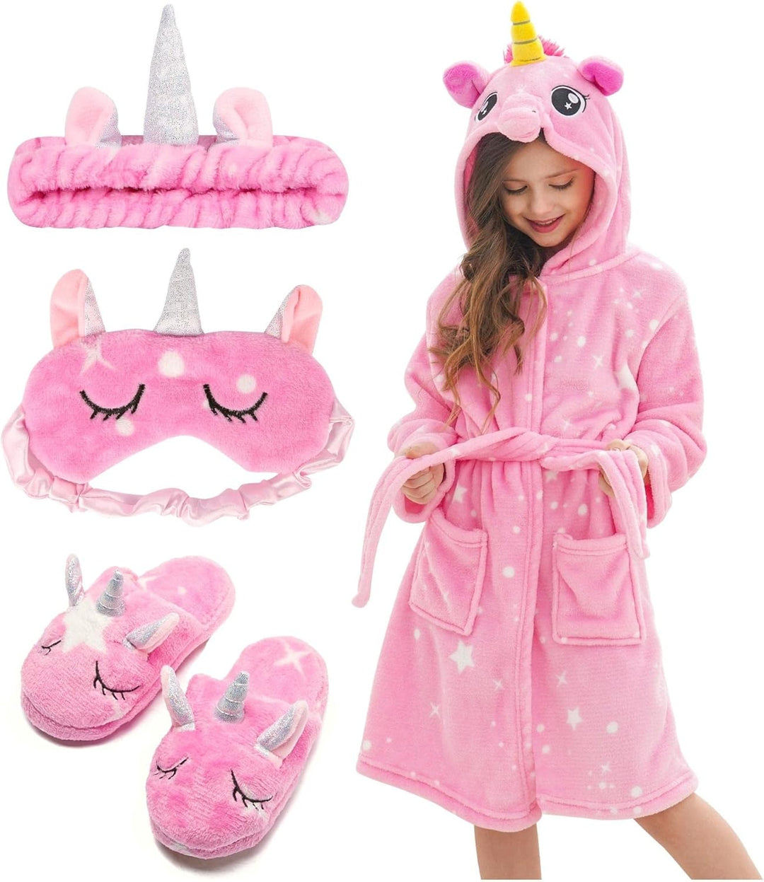 Piefry Weicher Einhorn-Bademantel mit Kapuze für Mädchen mit Einhorn-Pantoffeln, Augenbinde und Stir