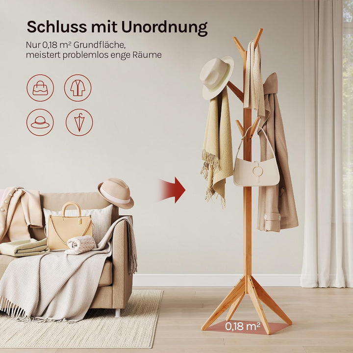 WOLTU Kleiderständer mit 8 Haken, Garderobenständer aus Massive Holz, Baumförmige Garderobe, Hängere