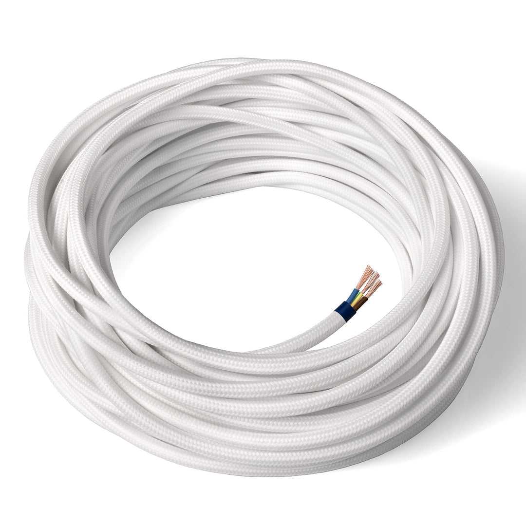 Amarcords - Textilkabel für Lampen WEISS, rund, Seide, 5 Meter, mit Erdung 3x0,75 - Stoffkabel mit f