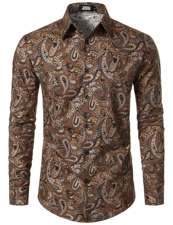 JOGAL Herren Regular Fit Floral Business Hemd Langarm Button Down Print Freizeithemd S Braun Paisley