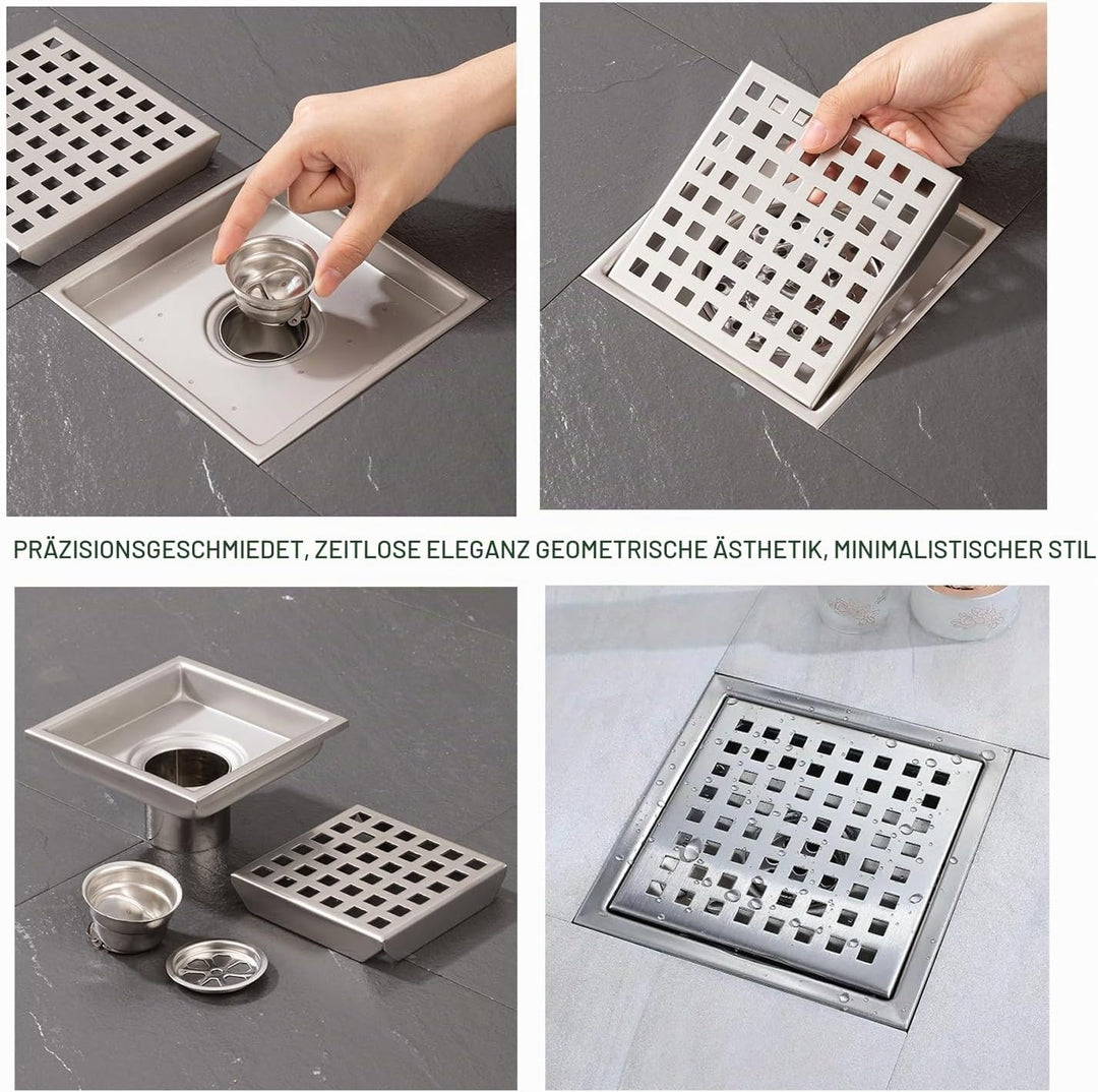 Bodenablauf Duschrinne Quadratisch Edelstahl,15x15cm,Bodenablauf Dusche Haarfilter 2 in 1 Befliesbar