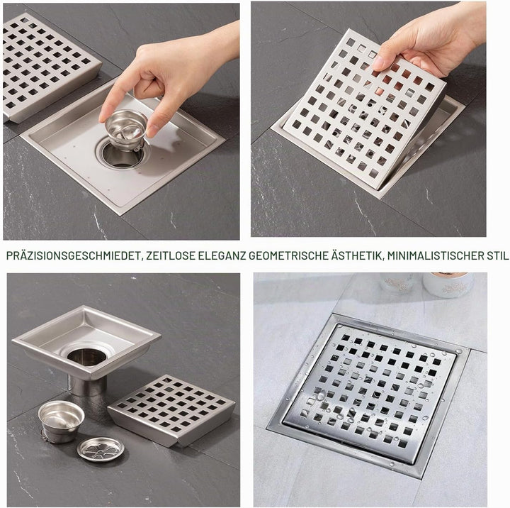Bodenablauf Duschrinne Quadratisch Edelstahl,15x15cm,Bodenablauf Dusche Haarfilter 2 in 1 Befliesbar