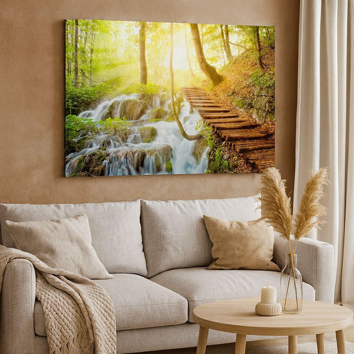ARTTOR Bilder auf Leinwand 100x70cm Leinwandbild Park Wasserfall Wasser Gross Wanddeko Bild Schlafzi