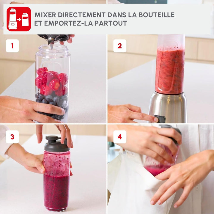 Moulinex Mix&Move Standmixer 2 Flaschen to go Tritan, kompaktes Design, herausnehmbarer Mixer, Einze