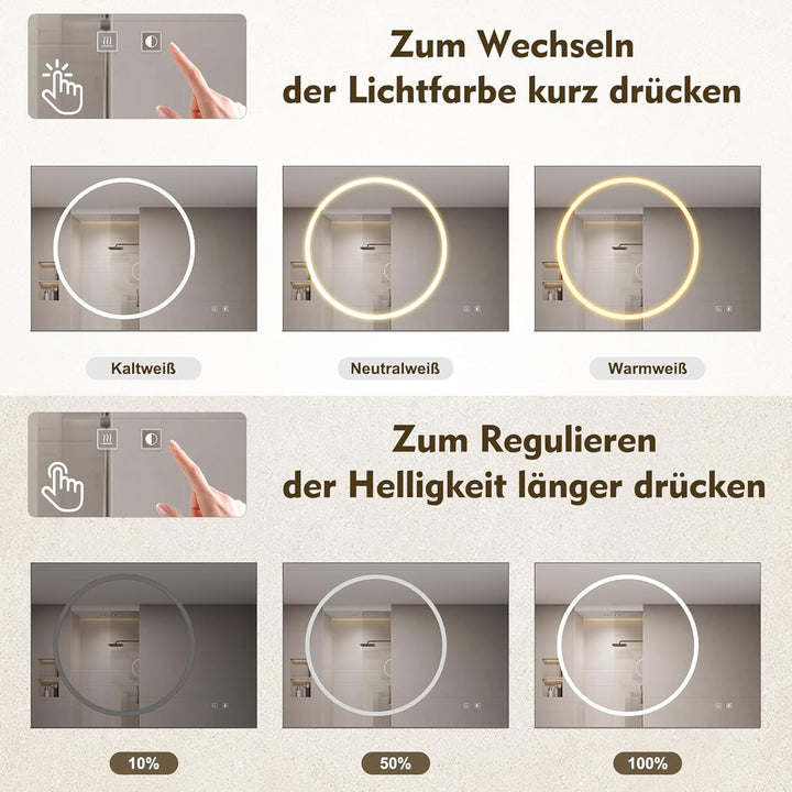 SONNI LED Badspiegel 70x50cm mit 70cm Ablage, Touch Badezimmerspiegel 3 Lichtfarben, Anti-Beschlag &