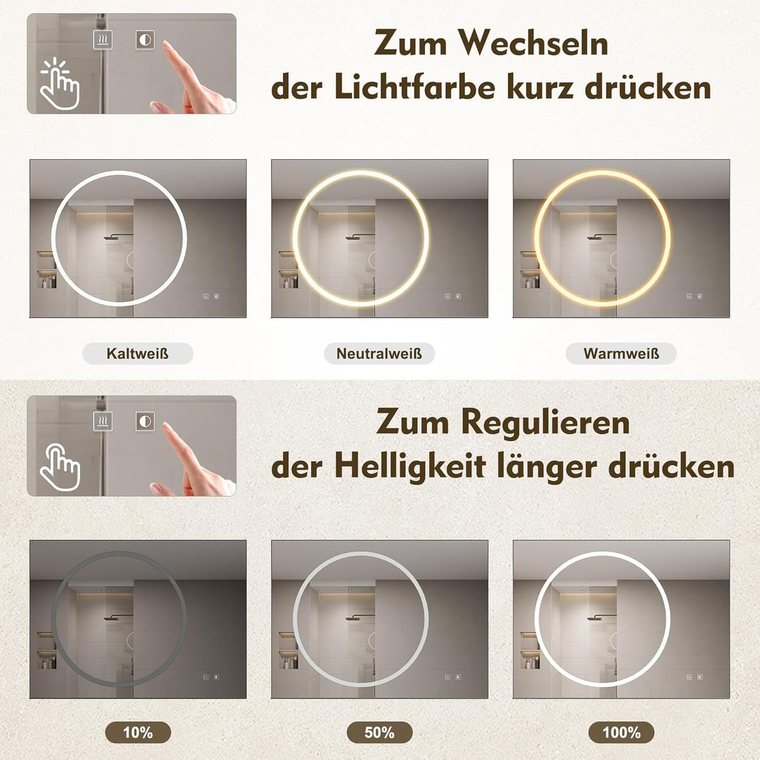 SONNI LED Badspiegel 120x60cm mit 120cm Ablage, Touch Badezimmerspiegel 3 Lichtfarben, Anti-Beschlag