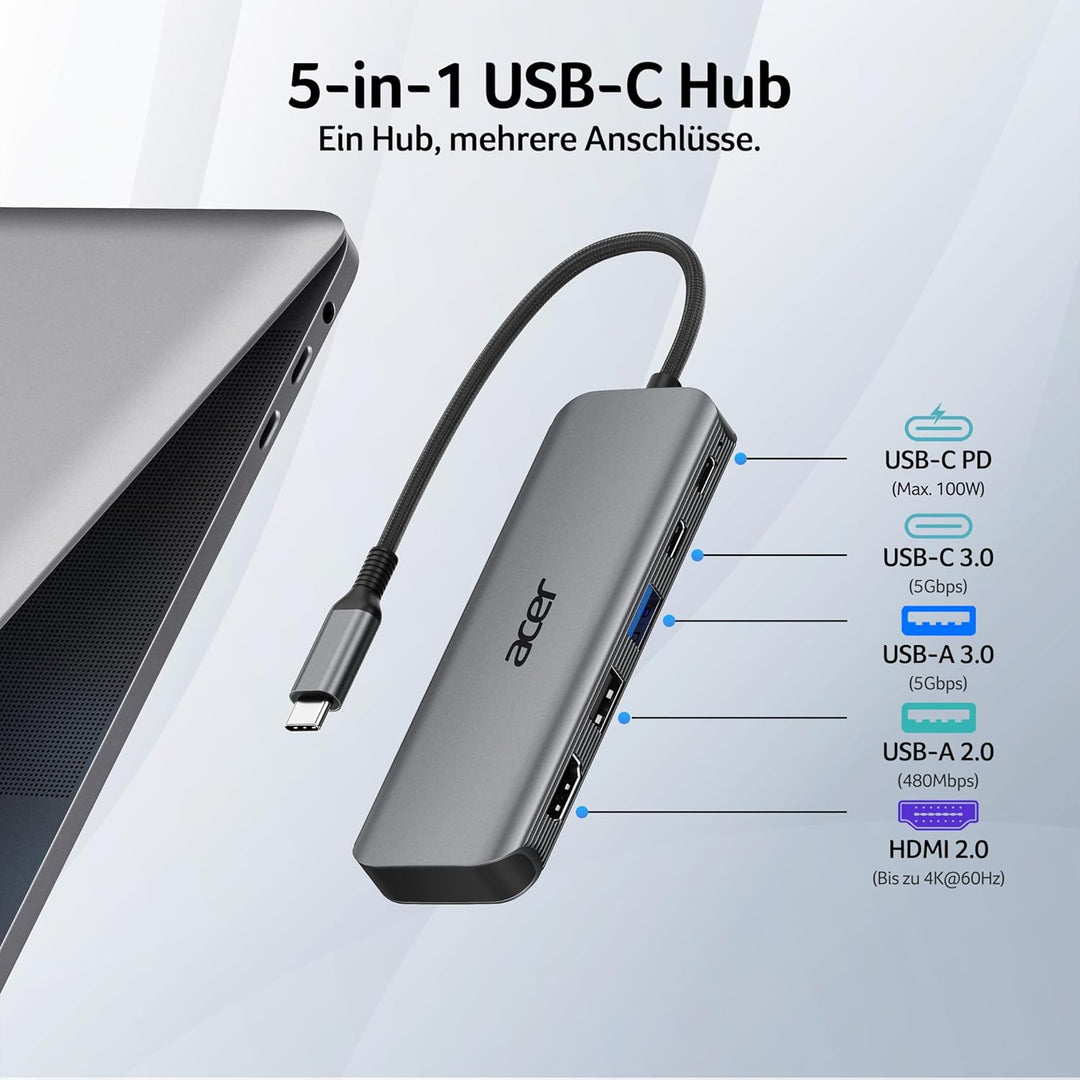acer USB C Hub 5-in-1, 4K@60Hz USB C auf HDMI Adapter, USB-A+USB-C 5 Gbps Datenport, PD 100W, Multip