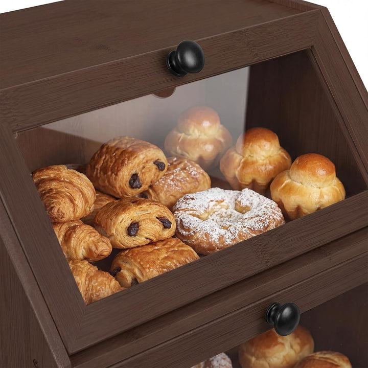 HUOLE Brotkasten aus Bambus mit 2 Etagen - Küchenorganizer, Aus Holz - Mit Sichtfenster und Magnetve
