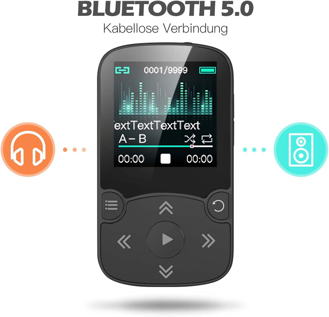 AGPTEK MP3 Player & Schutzhülle Bluetooth 5.3 Sport 64GB mit 1,5 Zoll TFT Farbbildschirm, Mini Musik