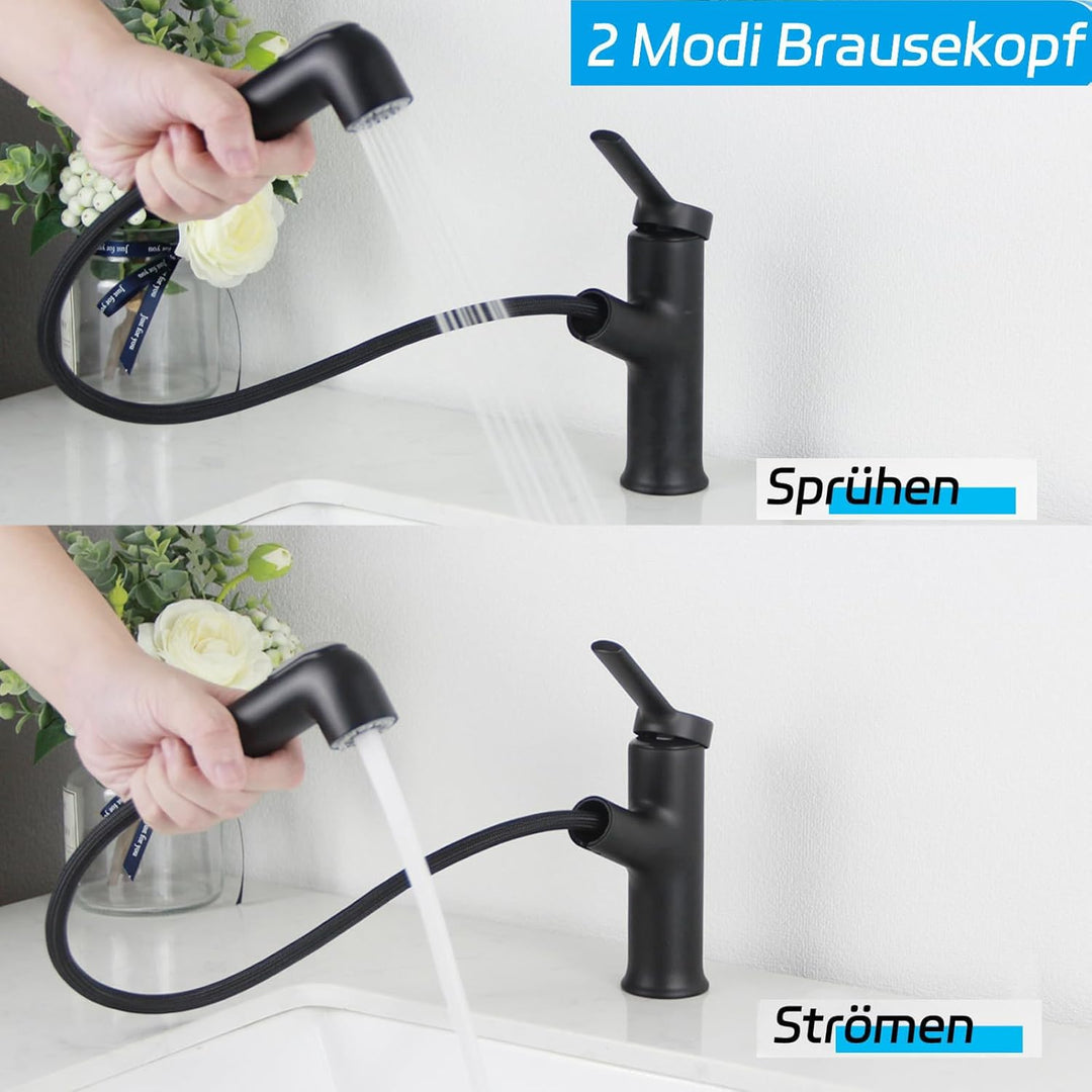 Wasserhahn Bad Schwarz, SEMANEY Waschtischarmatur mit Herausziehbarer Brause, Mischbatterie Waschbec