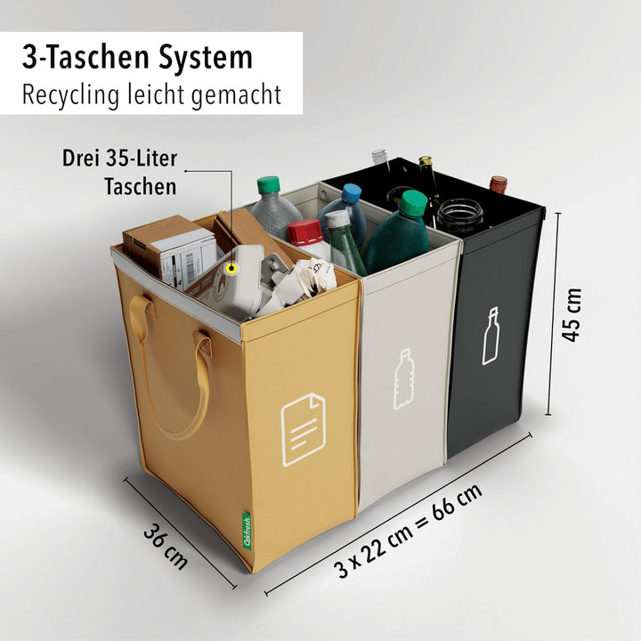 qikfresh - Mülltrennsystem 3er Set | Abfalltrennsystem mit 3 Fächer zum Recycling von Altglas, Altpa
