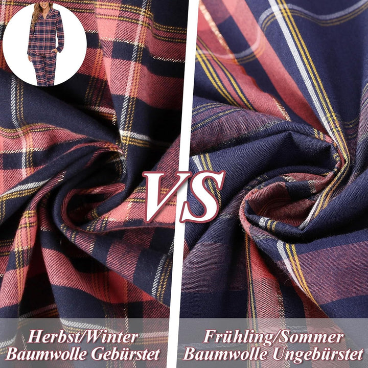 Mnemo Home Damen Schlafanzug Lang Flanell Pyjama Damen 100% Baumwolle aus Flanell Blaures Pulver mit