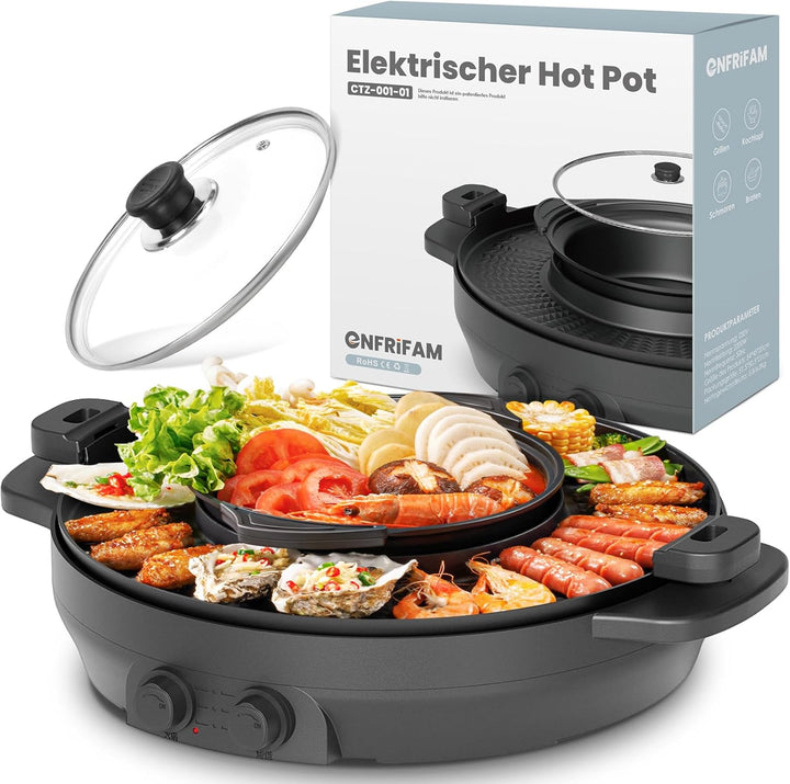 ENFRIFAM 2200W 2 in 1 Multifunktions Elektro Hot Pot und Grill Combo, rauchfreier Split Shabu Shabu