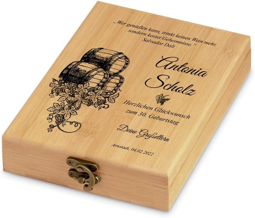 Maverton Weinöffner-Set personalisiert Weinset Sommelier Set - Geschenkbox Holzbox + 4er Weinzubehör