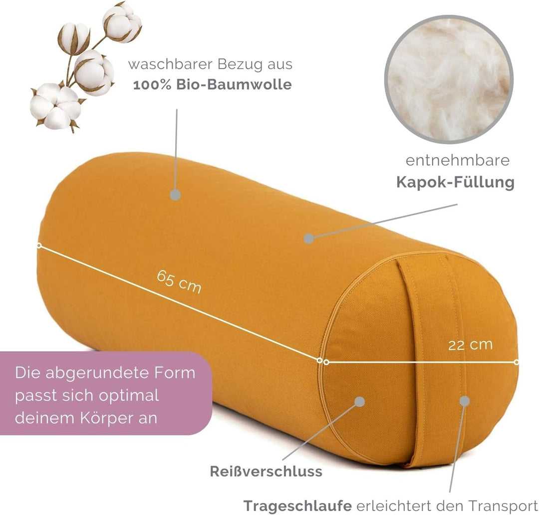 Bodhi Yoga Bolster | ECO Serie | Yogarolle mit Kapok-Füllung | Waschbarer Bezug aus 100% Bio-Baumwol