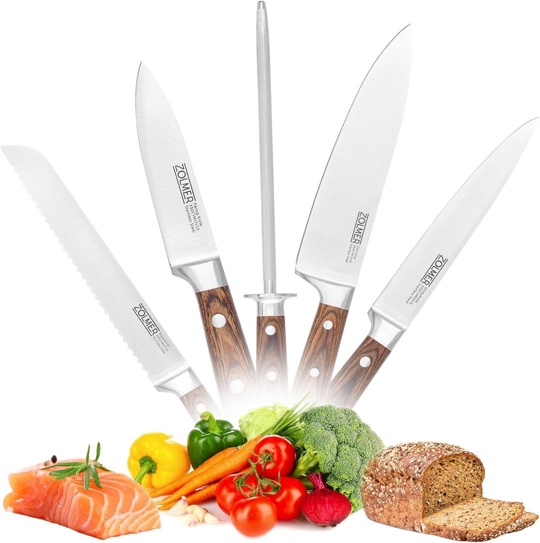 ZOLMER® Messerset X5 – Profi Allzweckmesser, Brotmesser, Kochmesser, Gemüsemesser & Wetzstahl – Scha