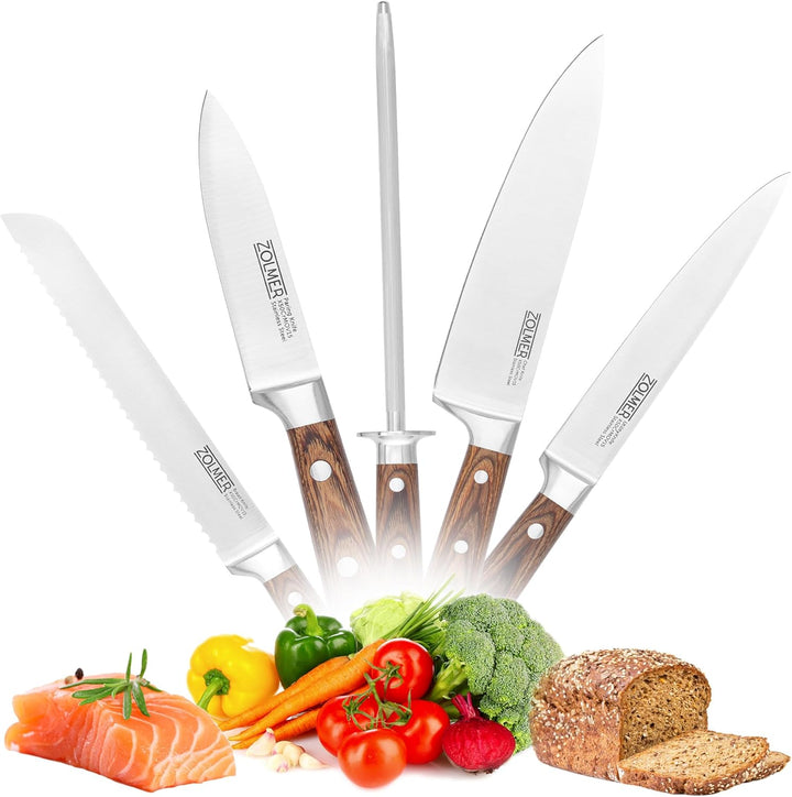 ZOLMER® Messerset X5 – Profi Allzweckmesser, Brotmesser, Kochmesser, Gemüsemesser & Wetzstahl – Scha
