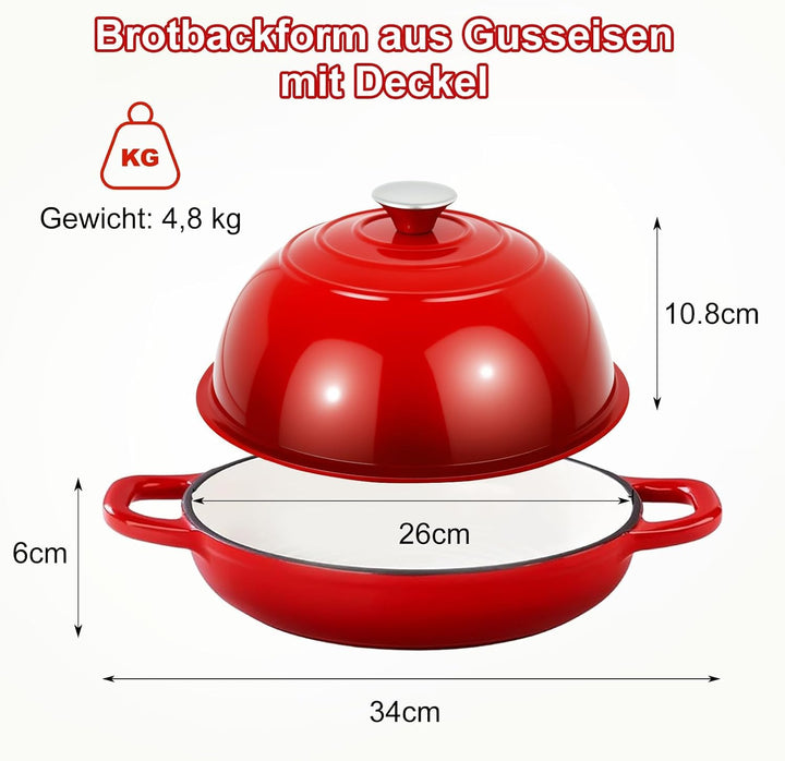 5,7L/26cm Gusseisen Topf Brot Backen mit Deckel und Griffen