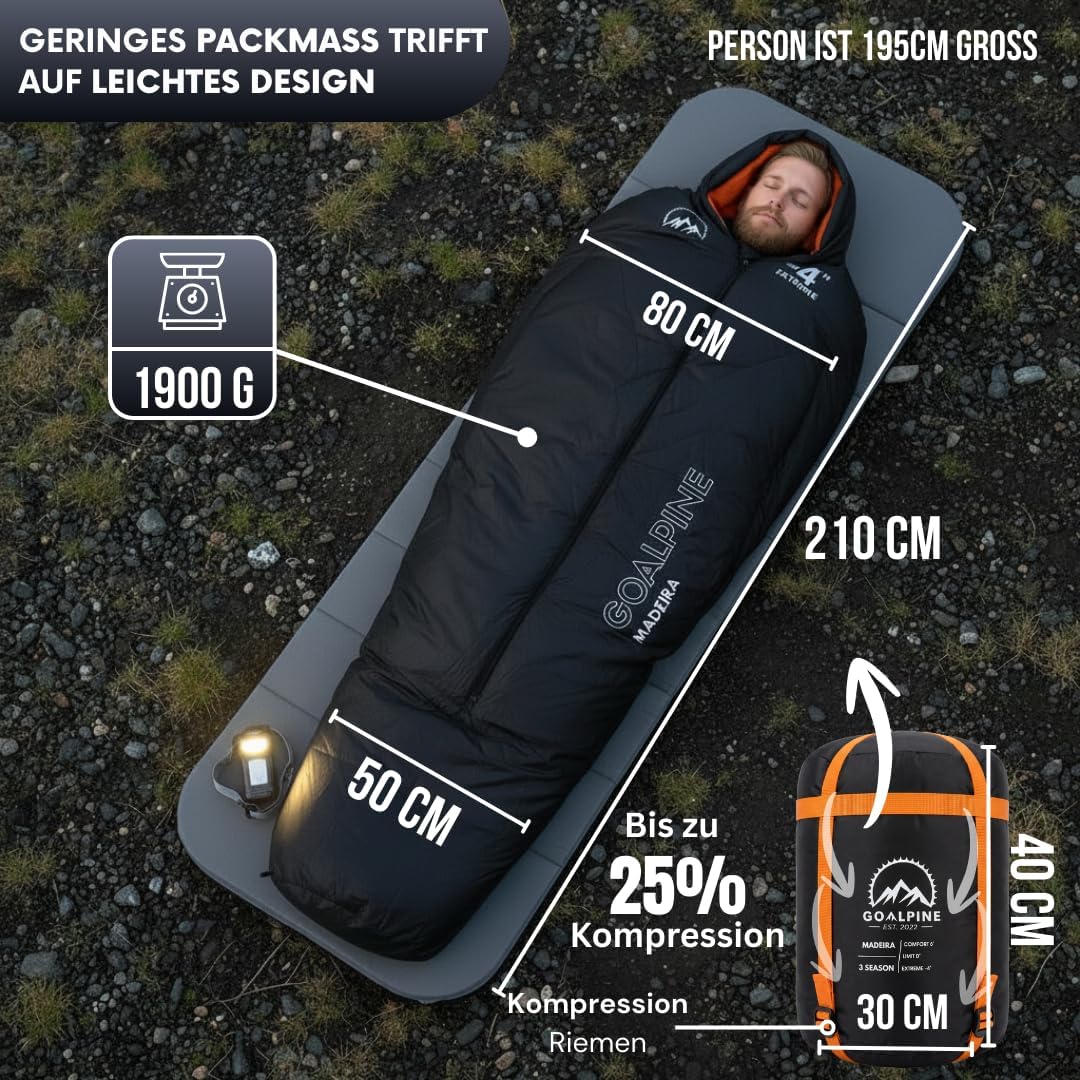 GOALPINE® Madeira Schlafsack für grosse Personen | 4 Jahreszeiten | mit Armöffnung | 400 GSM 0-10 Gr