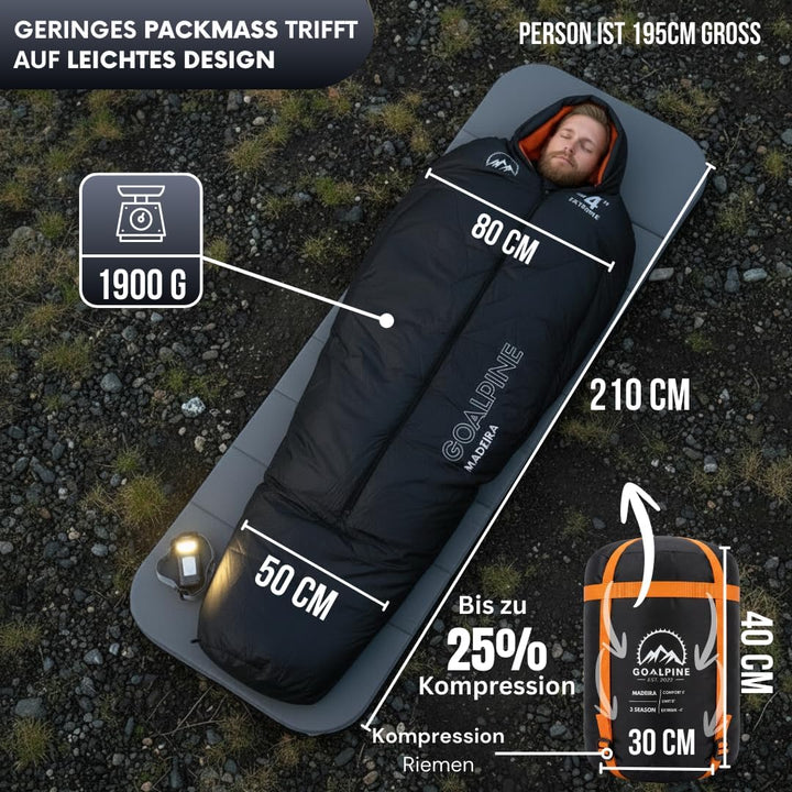 GOALPINE® Madeira Schlafsack für grosse Personen | 4 Jahreszeiten | mit Armöffnung | 400 GSM 0-10 Gr