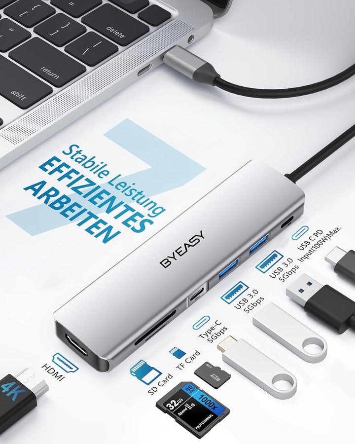 BYEASY USB C Hub, 7IN1 Docking Station, 4K HDMI, 100W PD, Typ-A/C 3.0 5Gbps, SD/TF Kartenleser, Ultr
