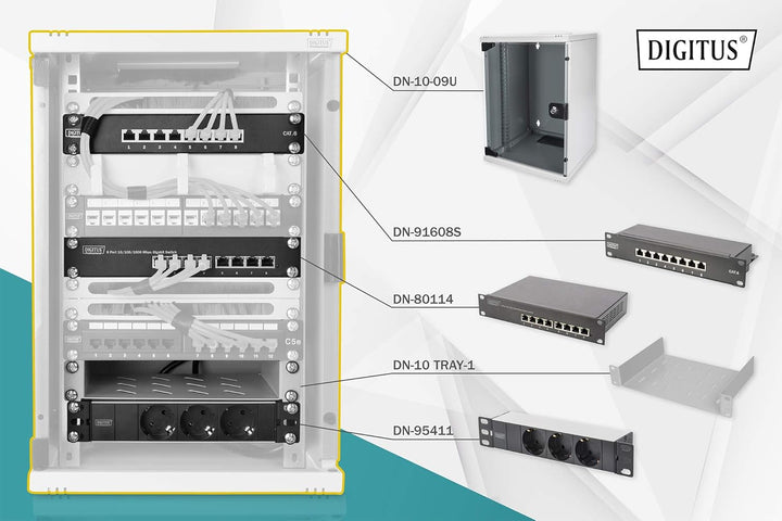 DIGITUS 10-Zoll Set - Netzwerk-Schrank 9HE Grau - Fachboden - Steckdosenleiste - 8-Port Patch-Panel