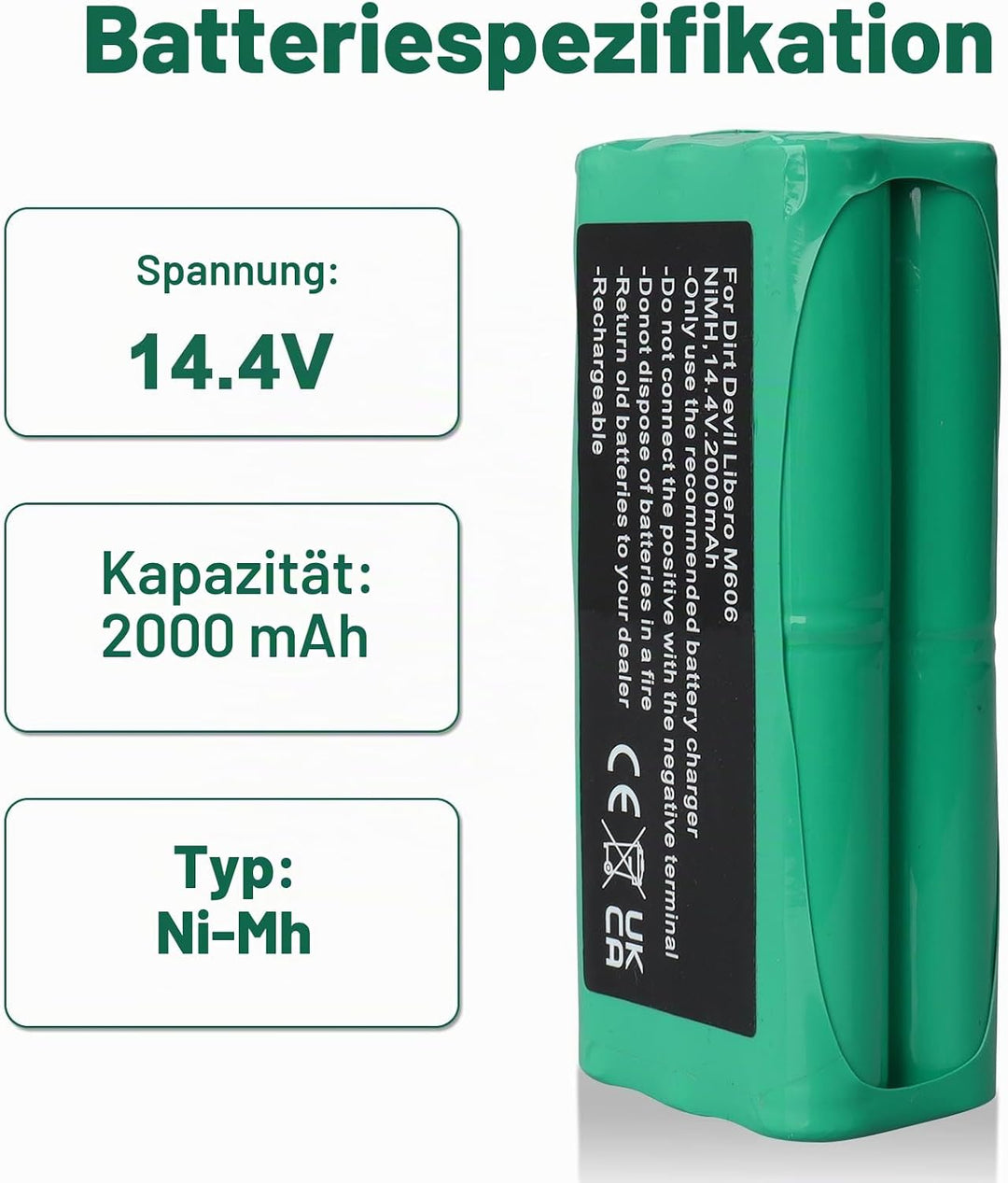 14.4 V,2000 mAh NI-Mh Ersatzakku Kompatibel Mit Dirt Devil Libero M606, Libero M606-1, Libero M606-2