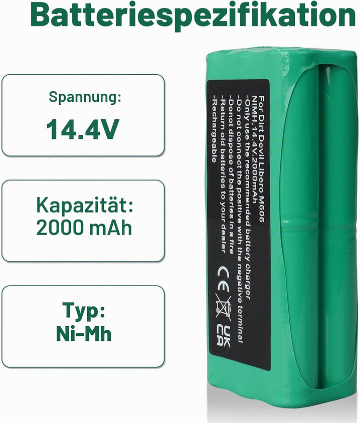 14.4 V,2000 mAh NI-Mh Ersatzakku Kompatibel Mit Dirt Devil Libero M606, Libero M606-1, Libero M606-2