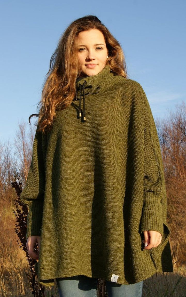 kidka Damen Mädchen Strick-Poncho Umhang Cape mit Kragen - moosgrün Einheitsgrösse Grosse Grössen Mo